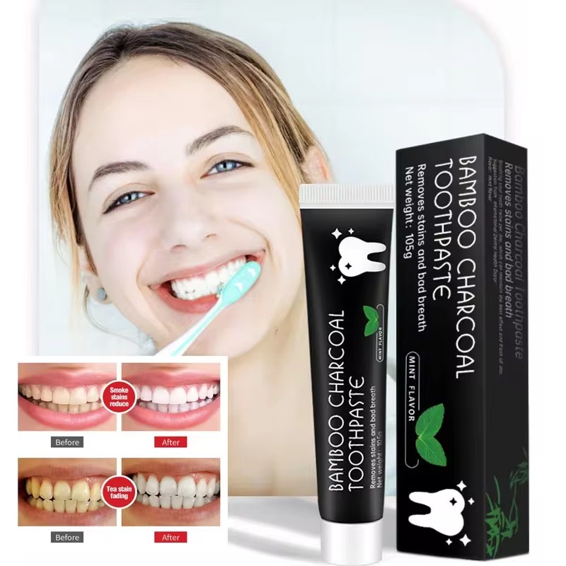 Teeth Whitening Charcoal - ยาสีฟันไวท์เทนนิ่ง ยาสีฟันถ่านไม้ไผ่ ดูดซับกลิ่นปาก ขจัดคราบเหลือง ทำความสะอาดฟันอย่างเข้มข้น ดูแลช่องปาก